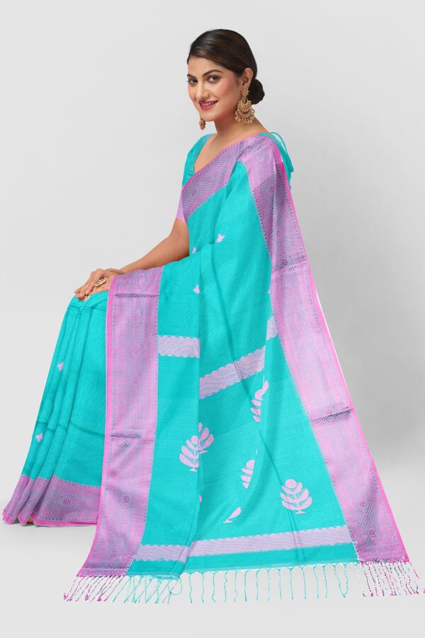 Sea Blue Tangail Cotton Saree with handwoven pink border draped elegantly