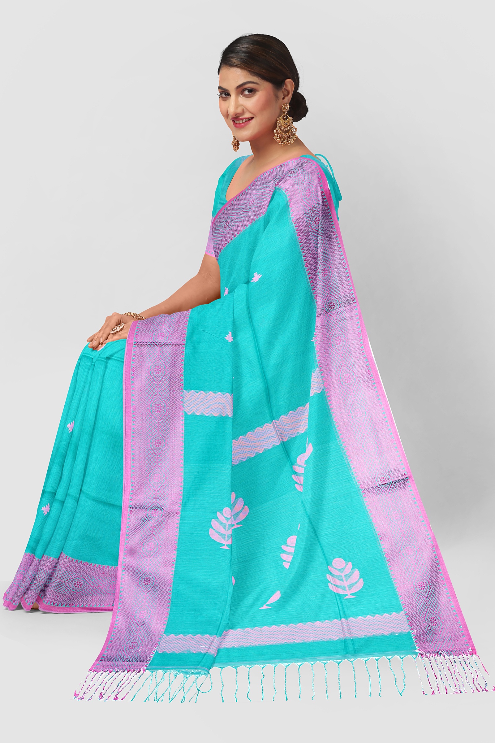 Sea Blue Tangail Cotton Saree with handwoven pink border draped elegantly