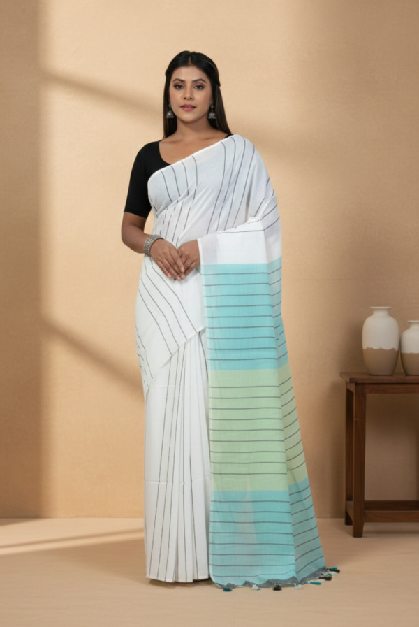 Pure Handloom Cotton Saree – Tantvithi Aqua Whisper