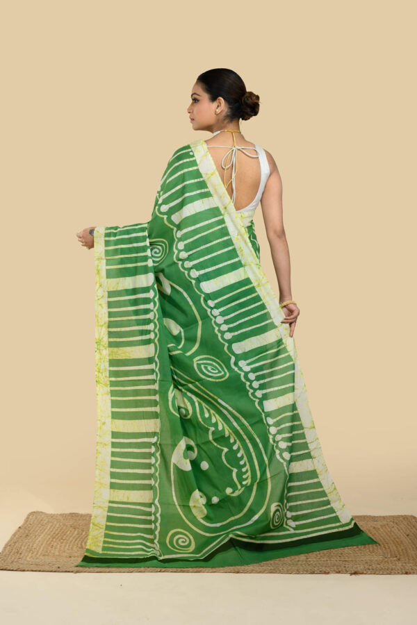 Bottle Green Cotton Batik Saree with Haritrekha handloom motifs