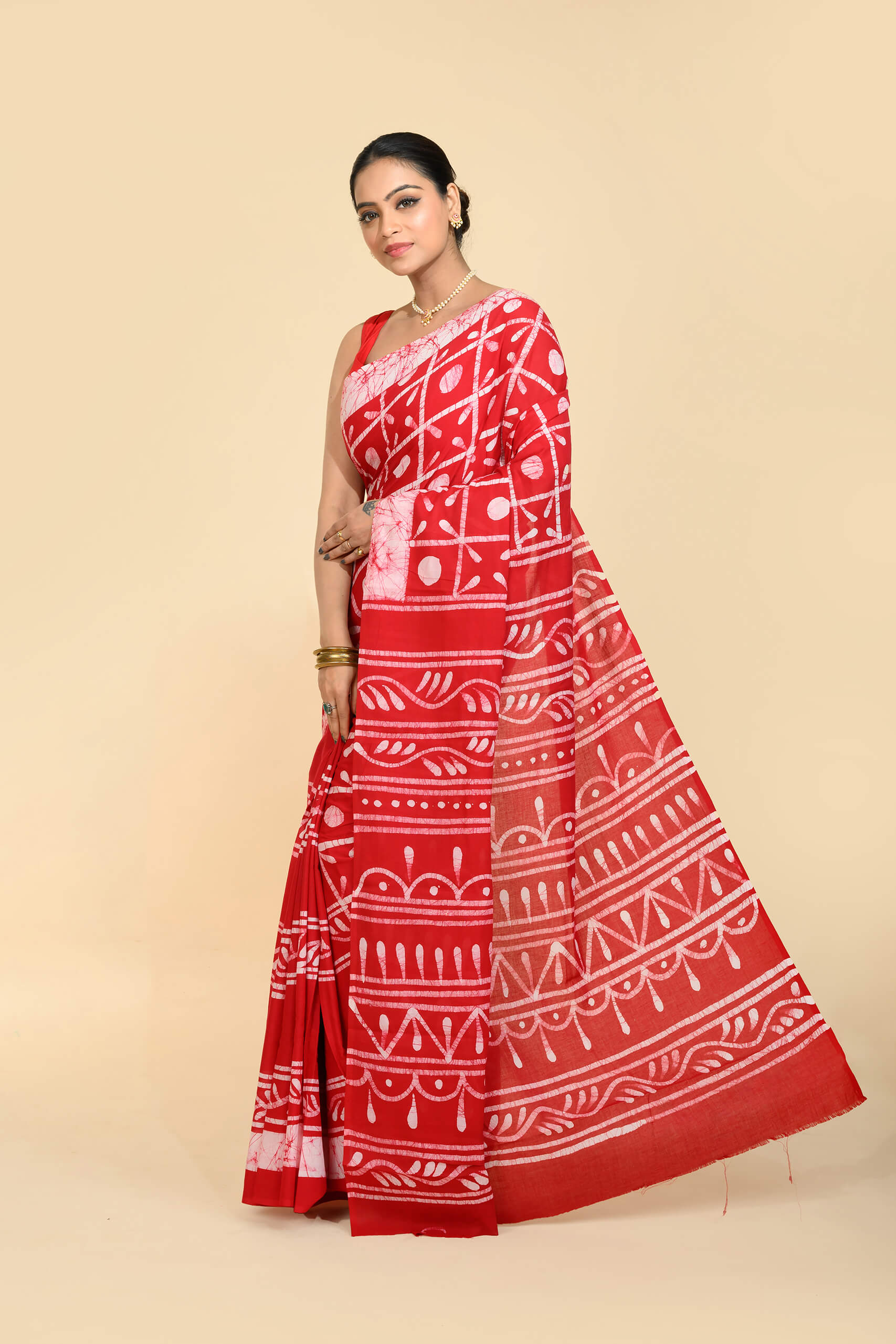 Raktrekha red Cotton Batik Saree with hand-dyed Bengal motifs