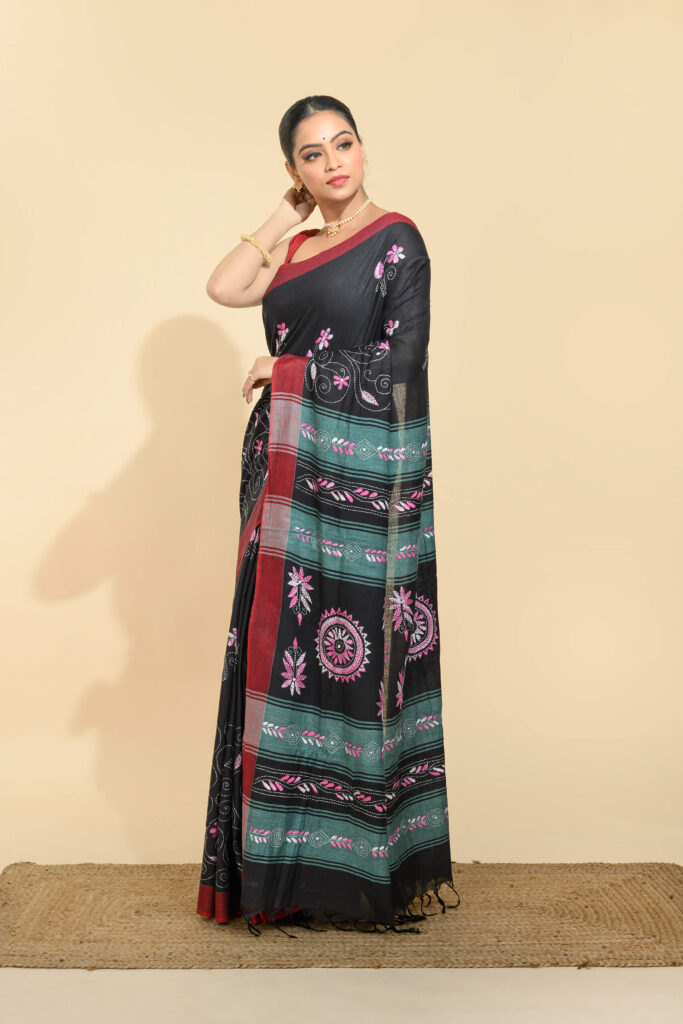 Black kantha cotton saree with muli thread hand stitch embroidery