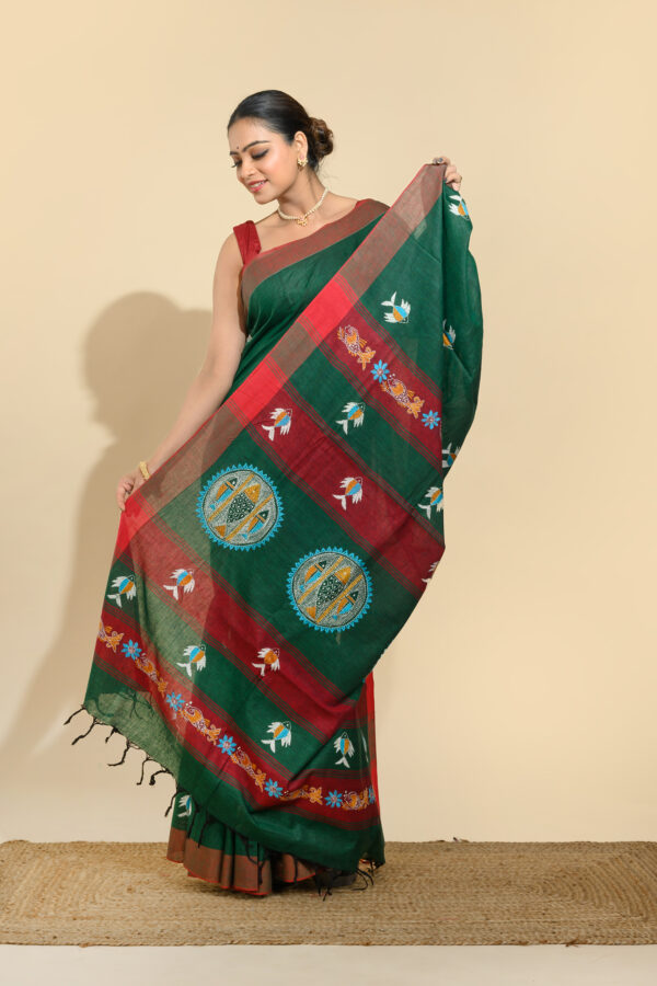Bottle green kantha cotton saree with GI tag hand embroidery