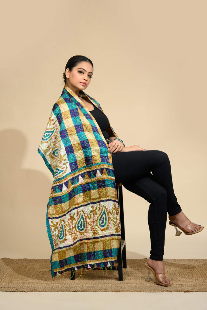 Ivory Kantha Silk Stole with multicolour Baul art hand embroidery