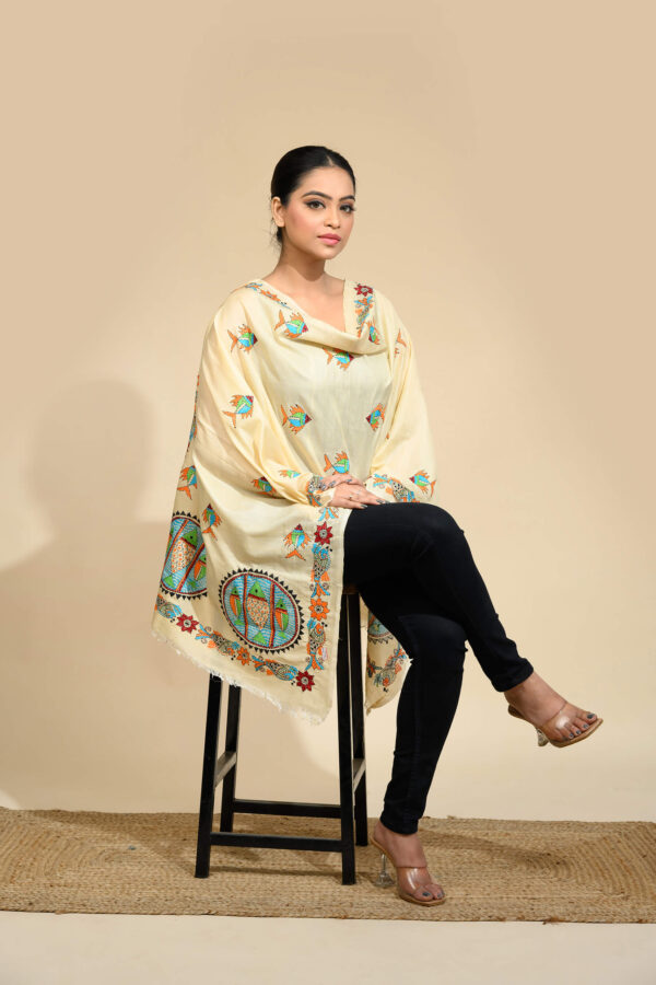 Ivory Silk Kantha Stole with hand-embroidered multicolor thread work from Bengal