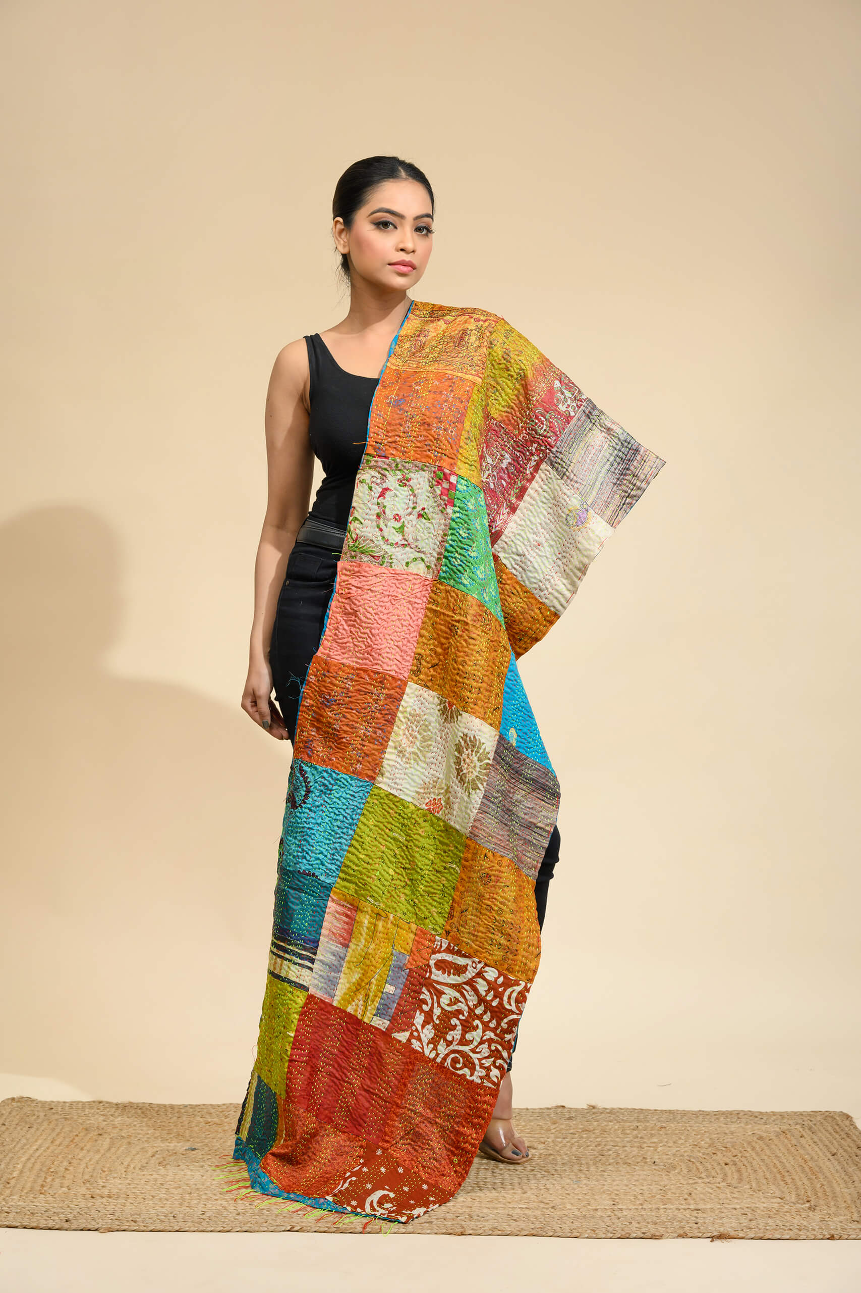 Ivory art silk Multi Color Baul Kantha Stole with hand kantha embroidery