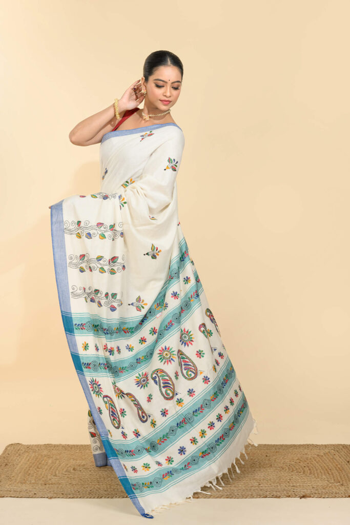 Off-white cotton kantha saree with hand-stitched muli thread embroidery