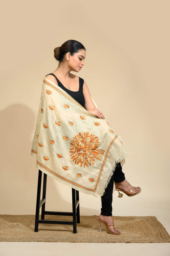 Off-white silk kantha stole with muli thread hand embroidery, GI Bengal handloom