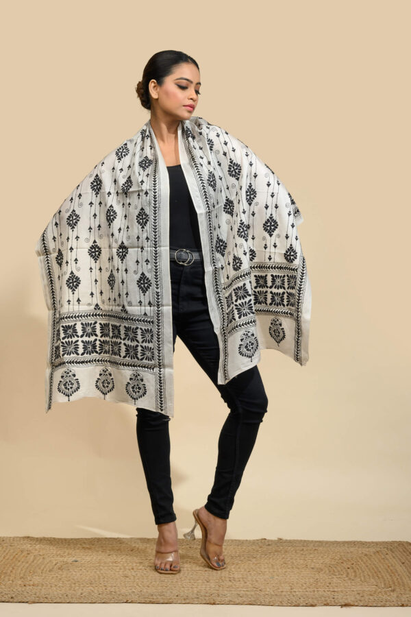 White Color Kantha Stole with black hand-embroidered thread work on silk