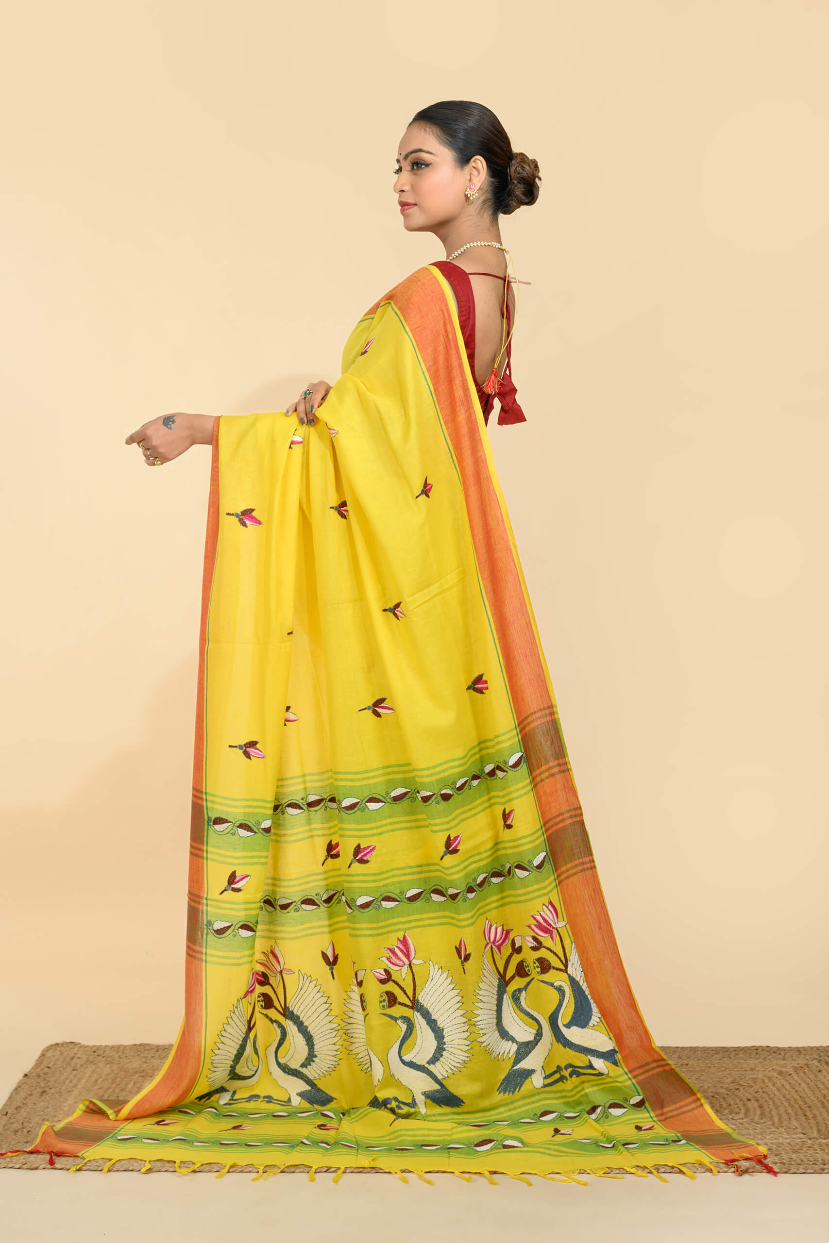 Yellow cotton kantha saree with muli thread hand stitching, GI-tagged Bengal handloom